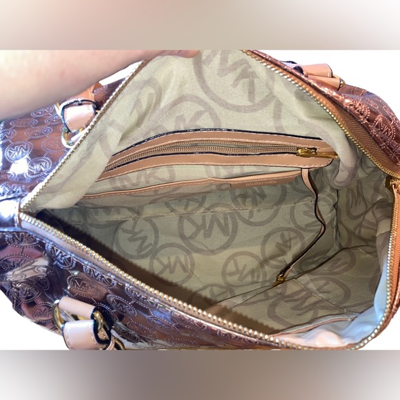 Michael Kors MK Monogrammed Shiny Gold Metallic Large Duffel Tote Purse Bag - Picture 14 of 14